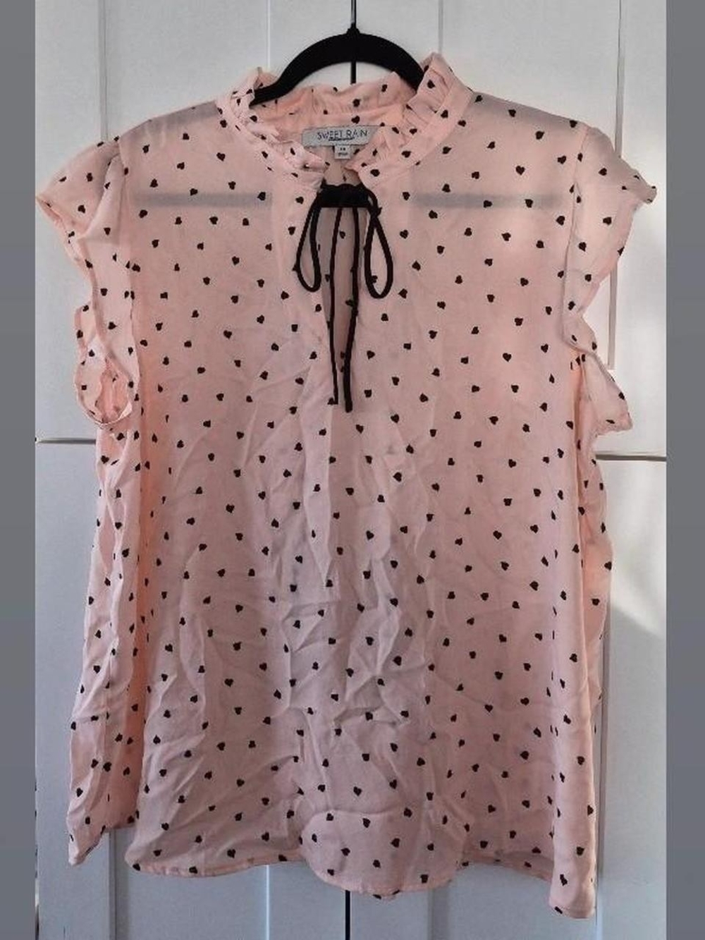 Sweet Rain Pink Heart-Print Ruffle Tie Blouse